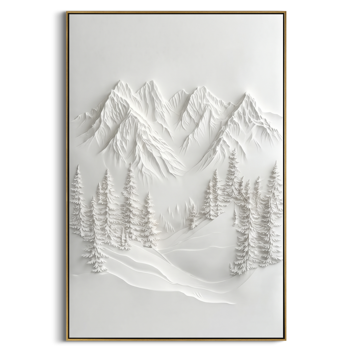 Quiet White Fir Bowl is written from the actual artwork image, focusing on quiet white fir bowl with soft mountains and frosted trees in a recessed valley. The visible composition is specific rather than generic: a calm recessed mountain bowl, frosted fir groups, and white plaster-like snow banks. The tall vertical layout controls how the eye travels through the scene, with the mountain mass, valley floor, tree line, water edge, or small figure details arranged to create depth across the canvas.