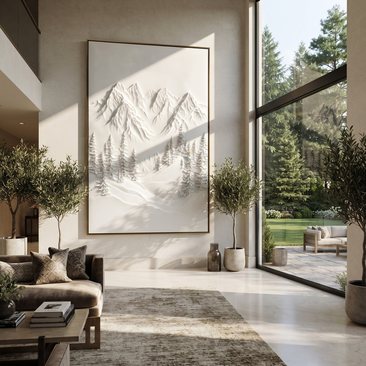 Quiet White Fir Bowl is written from the actual artwork image, focusing on quiet white fir bowl with soft mountains and frosted trees in a recessed valley. The visible composition is specific rather than generic: a calm recessed mountain bowl, frosted fir groups, and white plaster-like snow banks. The tall vertical layout controls how the eye travels through the scene, with the mountain mass, valley floor, tree line, water edge, or small figure details arranged to create depth across the canvas.