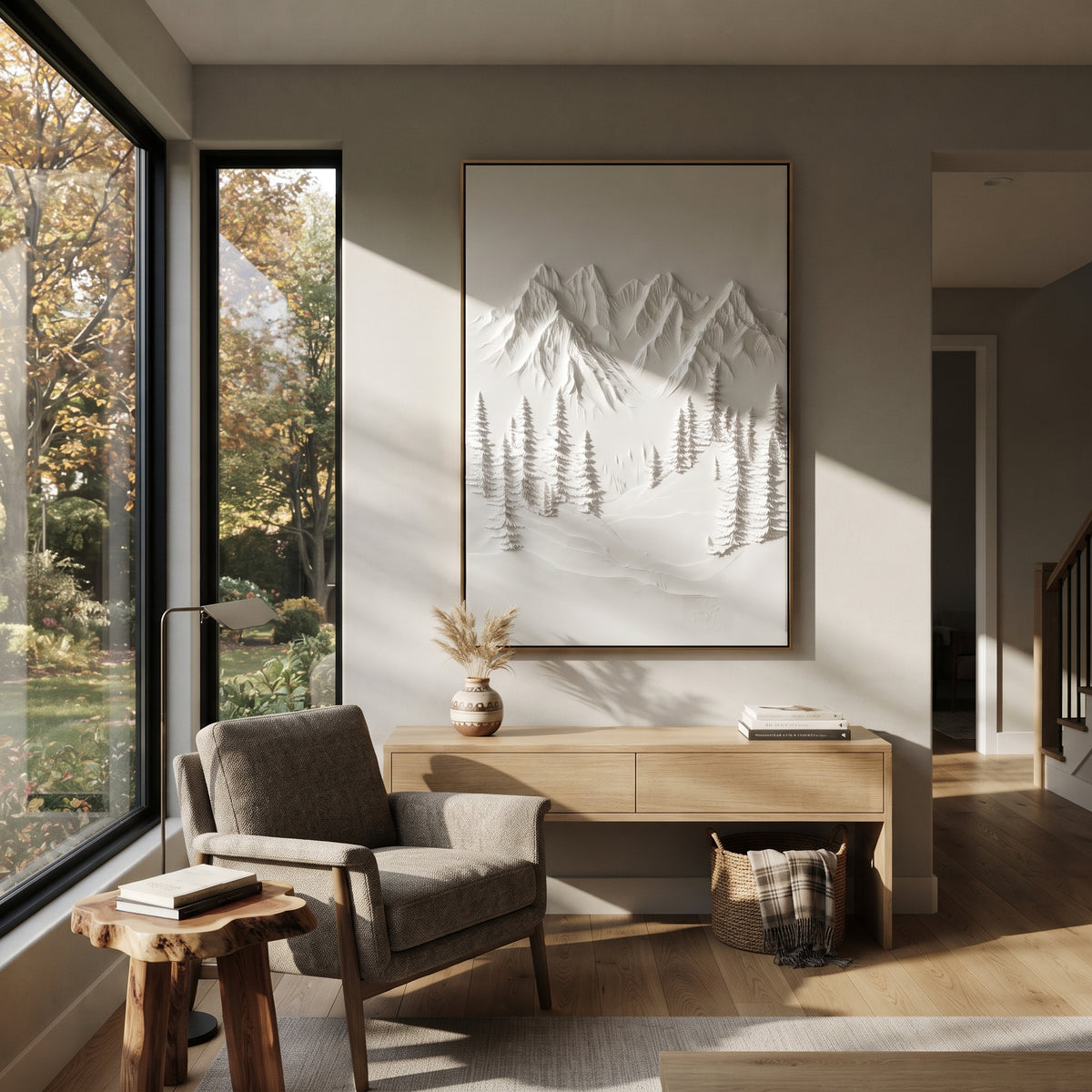 Quiet White Fir Bowl is written from the actual artwork image, focusing on quiet white fir bowl with soft mountains and frosted trees in a recessed valley. The visible composition is specific rather than generic: a calm recessed mountain bowl, frosted fir groups, and white plaster-like snow banks. The tall vertical layout controls how the eye travels through the scene, with the mountain mass, valley floor, tree line, water edge, or small figure details arranged to create depth across the canvas.