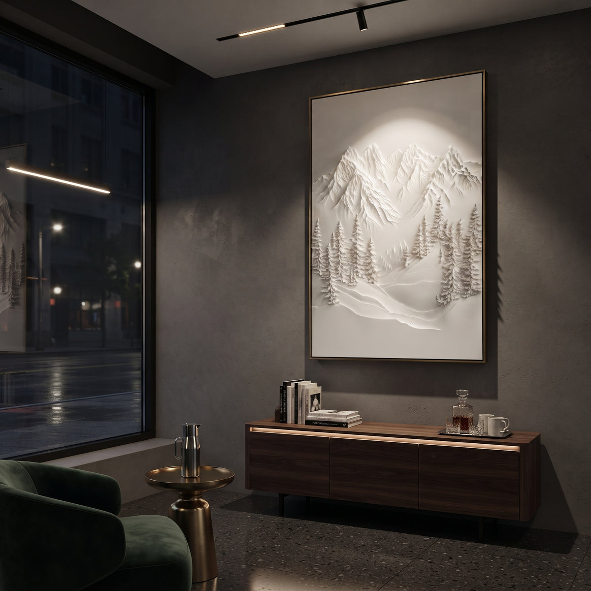 Quiet White Fir Bowl is written from the actual artwork image, focusing on quiet white fir bowl with soft mountains and frosted trees in a recessed valley. The visible composition is specific rather than generic: a calm recessed mountain bowl, frosted fir groups, and white plaster-like snow banks. The tall vertical layout controls how the eye travels through the scene, with the mountain mass, valley floor, tree line, water edge, or small figure details arranged to create depth across the canvas.
