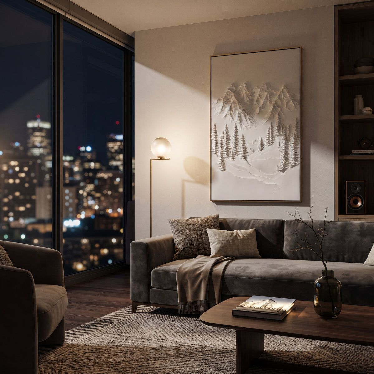 Quiet White Fir Bowl is written from the actual artwork image, focusing on quiet white fir bowl with soft mountains and frosted trees in a recessed valley. The visible composition is specific rather than generic: a calm recessed mountain bowl, frosted fir groups, and white plaster-like snow banks. The tall vertical layout controls how the eye travels through the scene, with the mountain mass, valley floor, tree line, water edge, or small figure details arranged to create depth across the canvas.