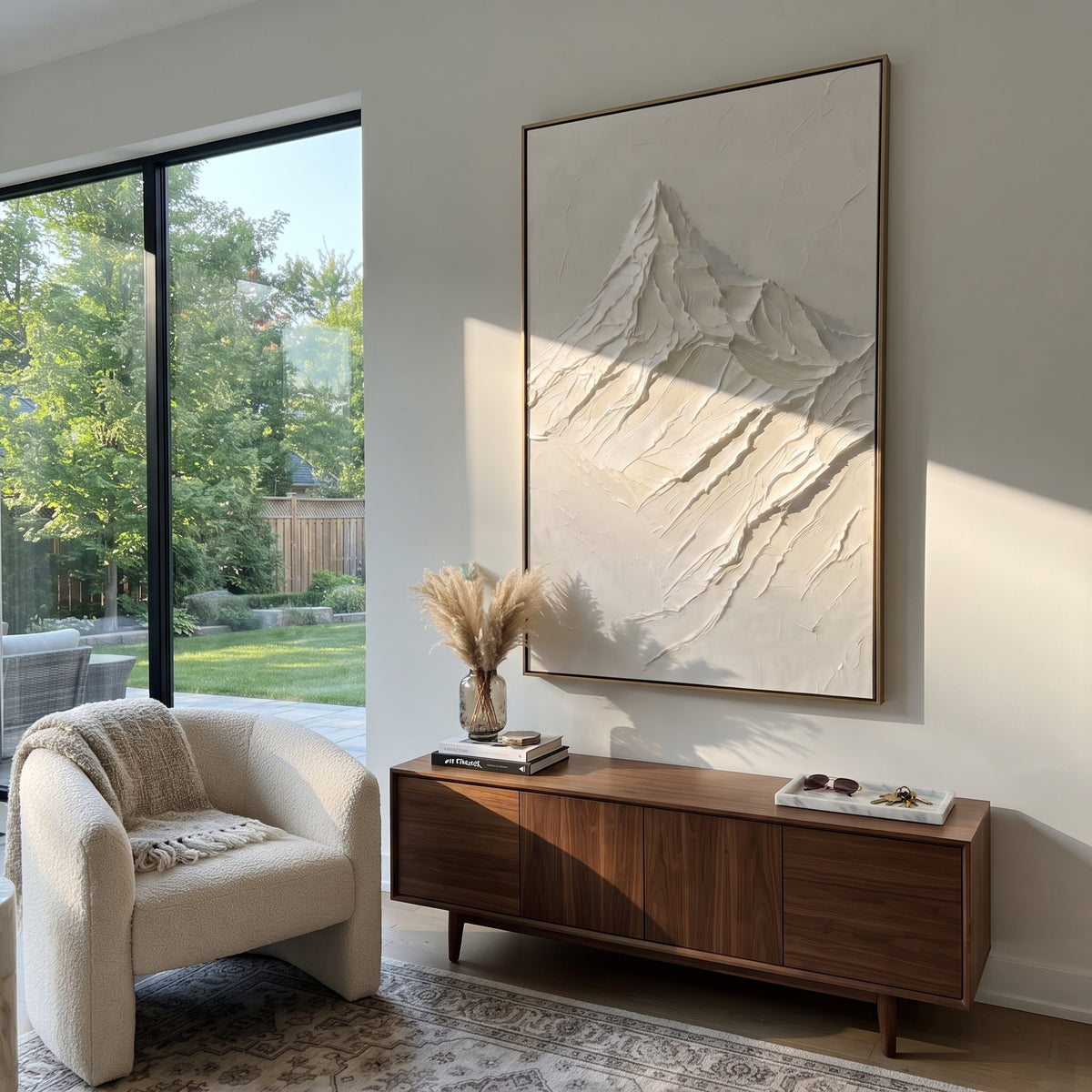 Single White Peak Study is written from the actual artwork image, focusing on single white peak study with minimal background and folded descending ridges. The visible composition is specific rather than generic: one pointed summit, folded descending ridges, and a clean minimal off-white field. The tall vertical layout controls how the eye travels through the scene, with the mountain mass, valley floor, tree line, water edge, or small figure details arranged to create depth across the canvas.