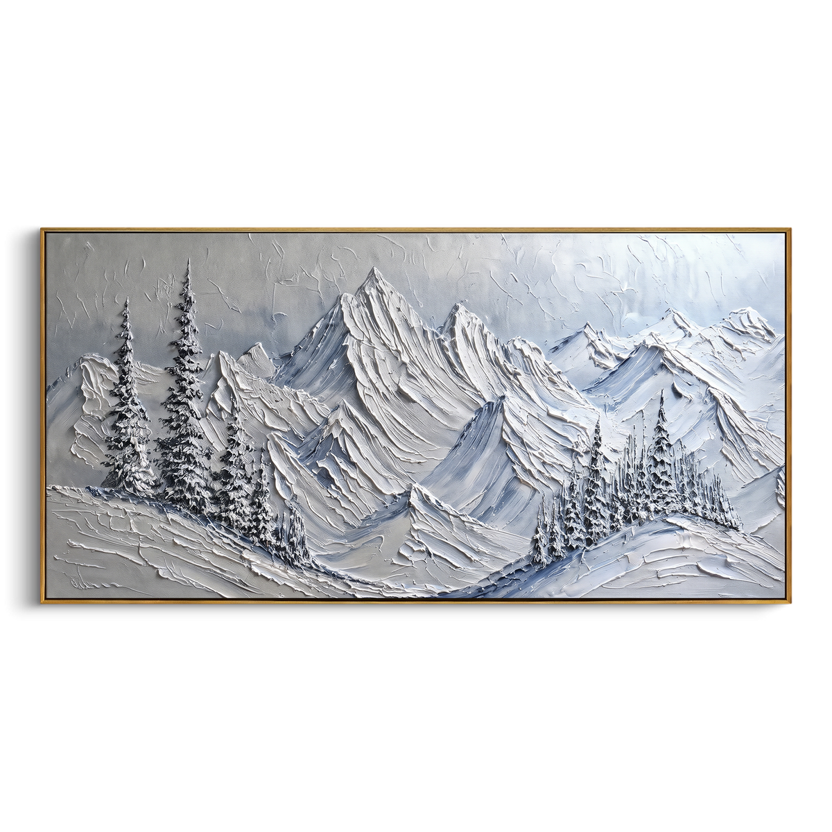 "Blue Fir Mountain Range" - Modern Heavy Impasto Landscape Artwork | White & Blue Palette Knife Painting | Luxury Horizontal Wall Art #PT 2315