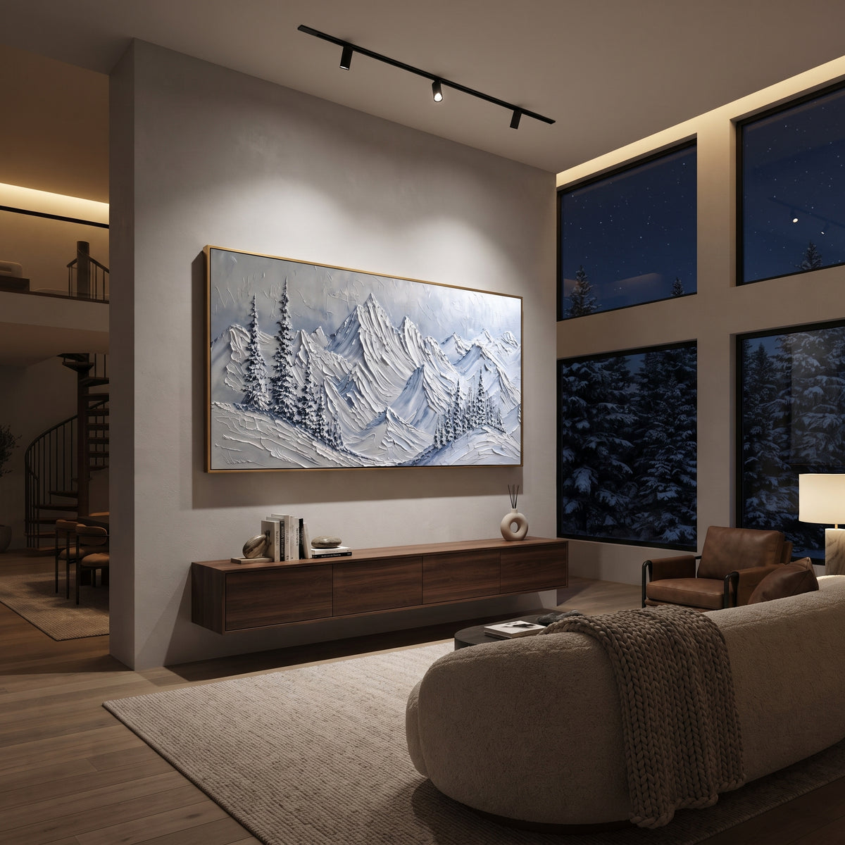 Blue Fir Mountain Range is written from the actual artwork image, focusing on blue fir mountain range with snow-dusted pines and icy ridge layers. The visible composition is specific rather than generic: snow-dusted pines, icy blue ridge layers, and a cool grey winter sky. The wide horizontal layout controls how the eye travels through the scene, with the mountain mass, valley floor, tree line, water edge, or small figure details arranged to create depth across the canvas. Its white, blue, gray