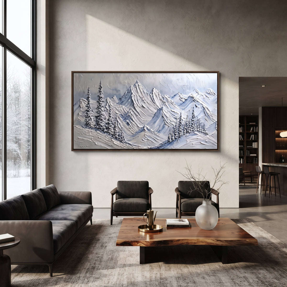 Blue Fir Mountain Range is written from the actual artwork image, focusing on blue fir mountain range with snow-dusted pines and icy ridge layers. The visible composition is specific rather than generic: snow-dusted pines, icy blue ridge layers, and a cool grey winter sky. The wide horizontal layout controls how the eye travels through the scene, with the mountain mass, valley floor, tree line, water edge, or small figure details arranged to create depth across the canvas. Its white, blue, gray