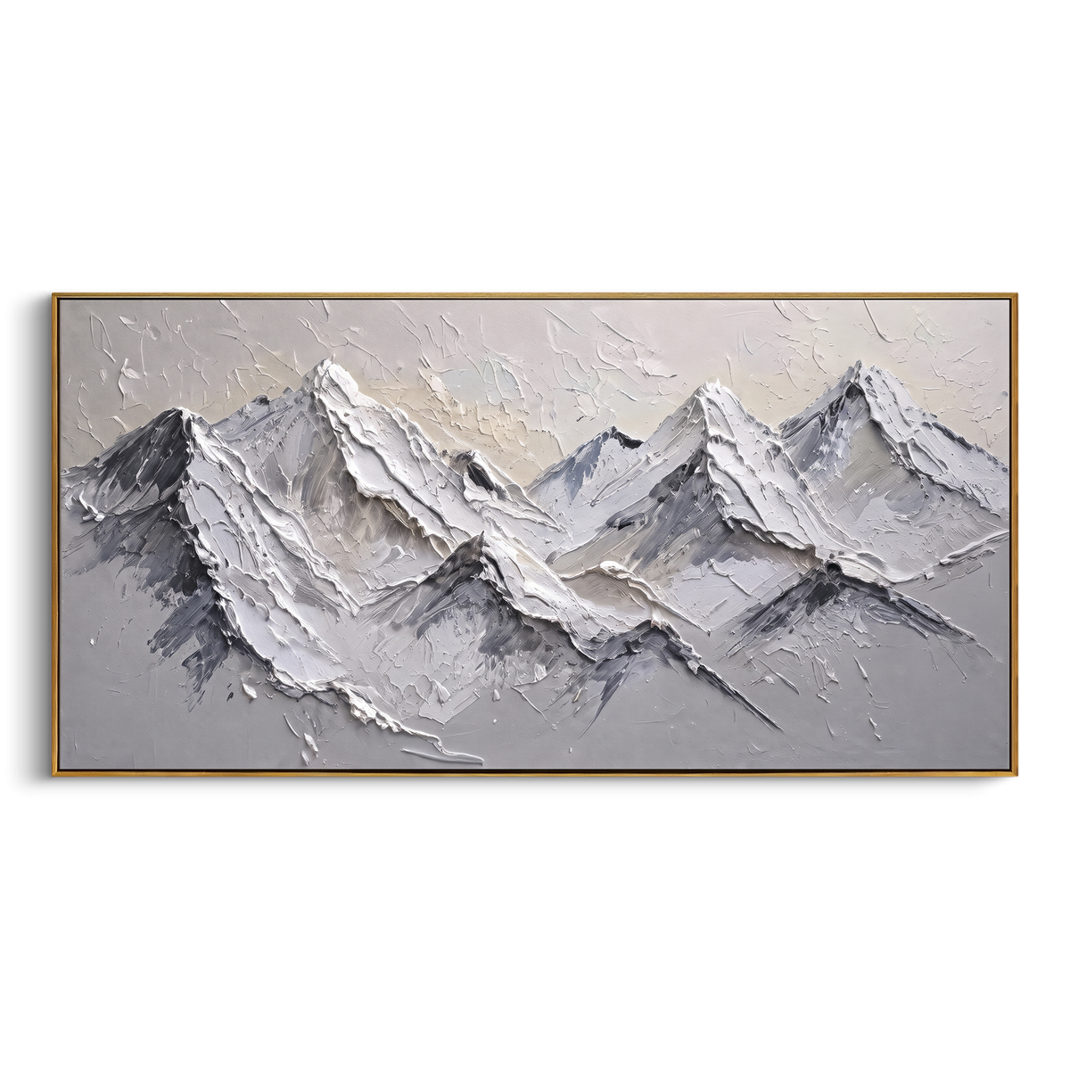 "Charcoal Shadow Alpine Peaks" - Modern Heavy Impasto Landscape Artwork | White & Gray Palette Knife Painting | Luxury Horizontal Wall Art #PT 2316