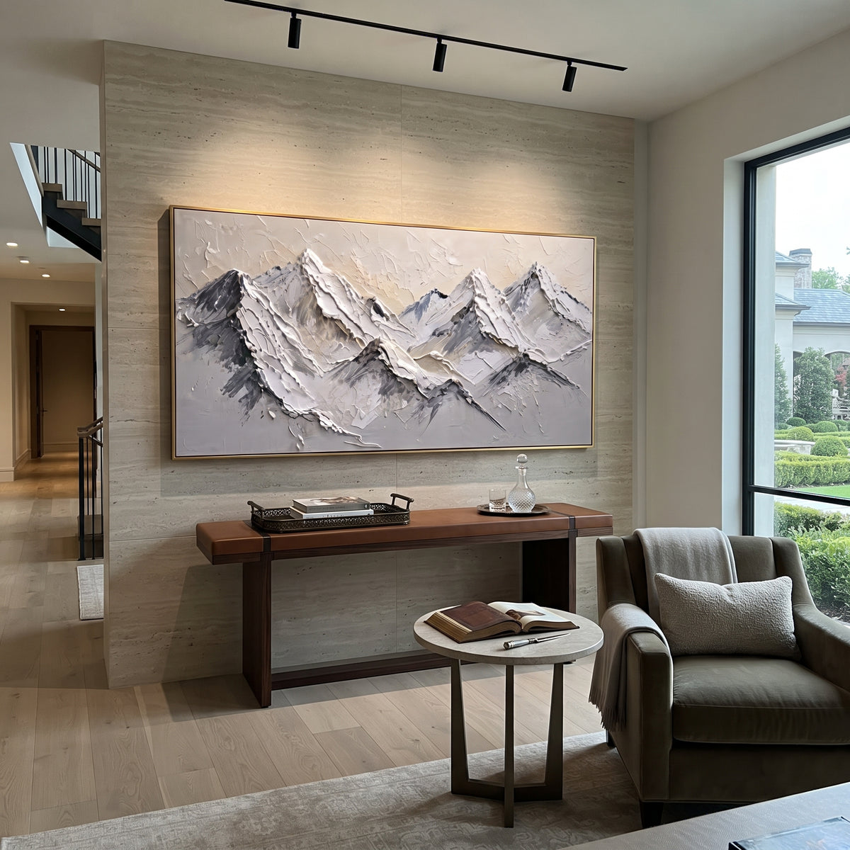Charcoal Shadow Alpine Peaks is written from the actual artwork image, focusing on charcoal shadow alpine peaks with dark cuts under layered white summits. The visible composition is specific rather than generic: dark charcoal valleys, layered white summits, and jagged brush-cut mountain edges. The wide horizontal layout controls how the eye travels through the scene, with the mountain mass, valley floor, tree line, water edge, or small figure details arranged to create depth across the canvas.