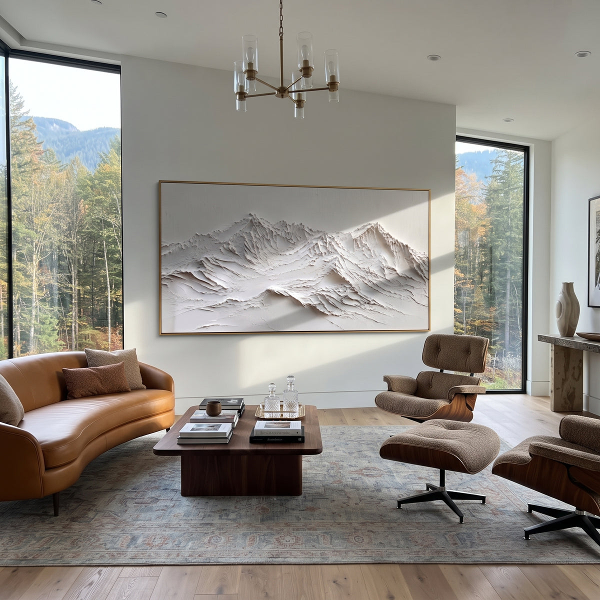 Long White Ridge Relief is written from the actual artwork image, focusing on long white ridge relief with fine carved lines and a low continuous mountain chain. The visible composition is specific rather than generic: fine carved ridgelines, a low continuous mountain chain, and restrained white relief texture. The wide horizontal layout controls how the eye travels through the scene, with the mountain mass, valley floor, tree line, water edge, or small figure details arranged to create depth