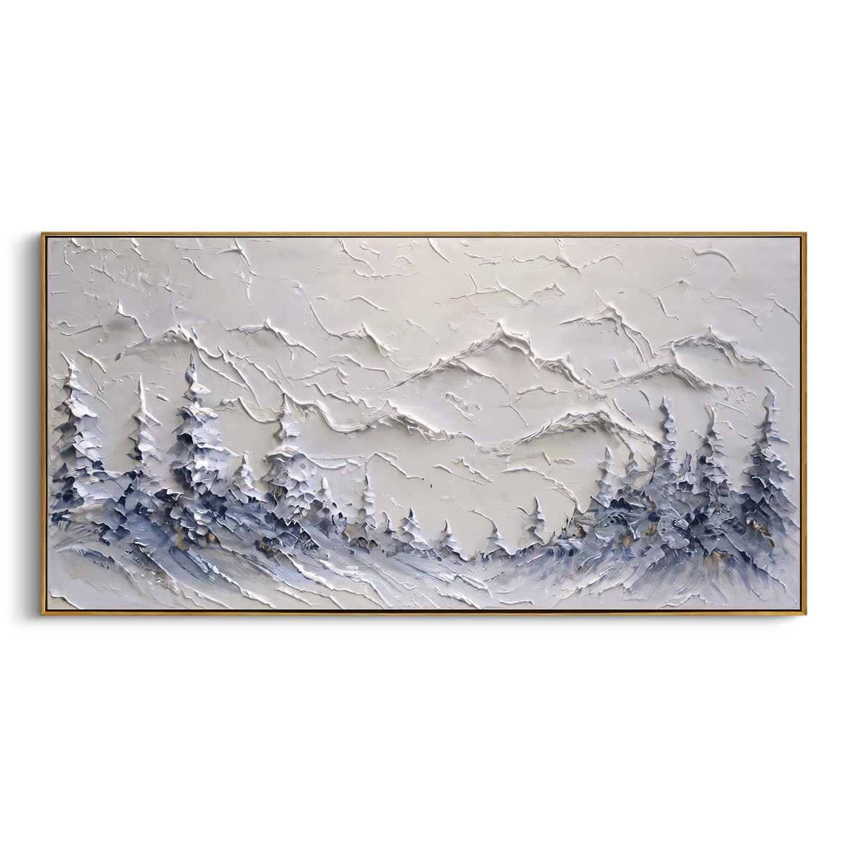 "Blue Pine Snow Ridge" - Modern Heavy Impasto Landscape Artwork | White & Blue Palette Knife Painting | Luxury Horizontal Wall Art #PT 2318