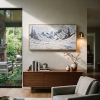 Cold Lake Mountain Bowl is written from the actual artwork image, focusing on cold lake mountain bowl with blue water strokes and pine-edged slopes. The visible composition is specific rather than generic: blue lake-like strokes, pine-edged slopes, and a curved snowy mountain bowl. The wide horizontal layout controls how the eye travels through the scene, with the mountain mass, valley floor, tree line, water edge, or small figure details arranged to create depth across the canvas. Its white