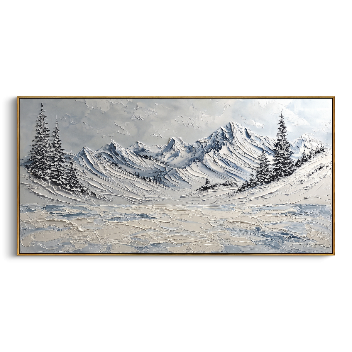 "Cold Lake Mountain Bowl" - Modern Heavy Impasto Landscape Artwork | White & Blue Palette Knife Painting | Luxury Horizontal Wall Art #PT 2319