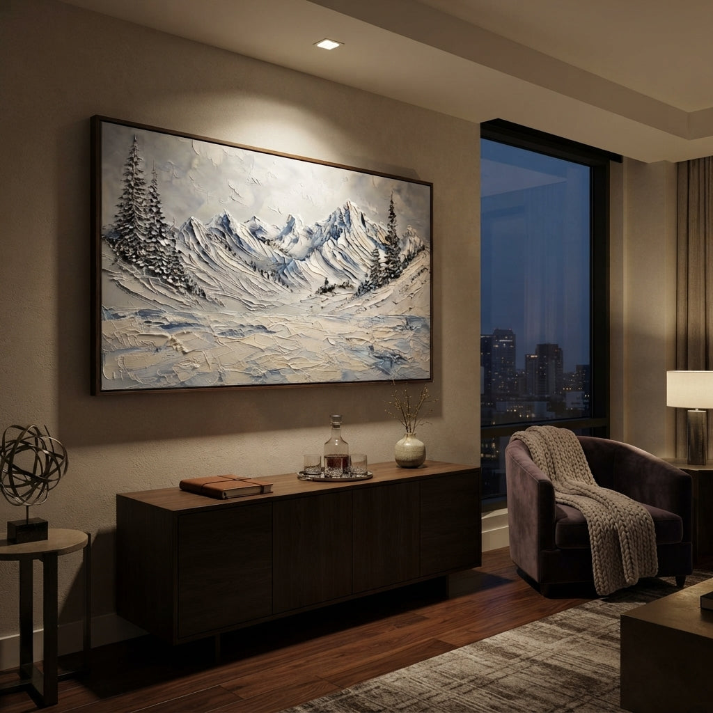 Cold Lake Mountain Bowl is written from the actual artwork image, focusing on cold lake mountain bowl with blue water strokes and pine-edged slopes. The visible composition is specific rather than generic: blue lake-like strokes, pine-edged slopes, and a curved snowy mountain bowl. The wide horizontal layout controls how the eye travels through the scene, with the mountain mass, valley floor, tree line, water edge, or small figure details arranged to create depth across the canvas. Its white
