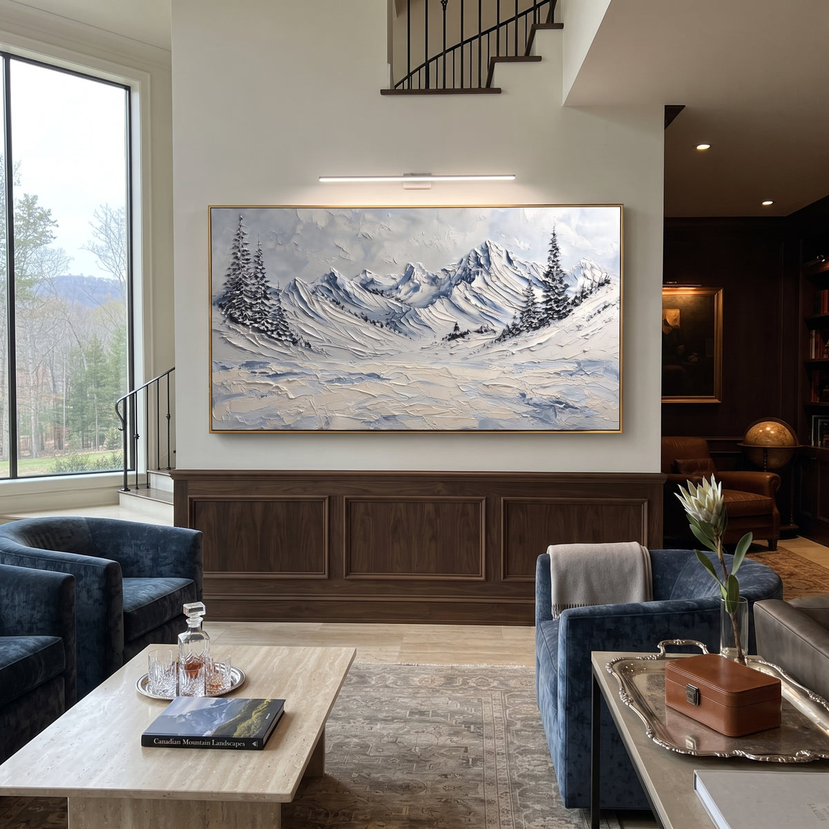 Cold Lake Mountain Bowl is written from the actual artwork image, focusing on cold lake mountain bowl with blue water strokes and pine-edged slopes. The visible composition is specific rather than generic: blue lake-like strokes, pine-edged slopes, and a curved snowy mountain bowl. The wide horizontal layout controls how the eye travels through the scene, with the mountain mass, valley floor, tree line, water edge, or small figure details arranged to create depth across the canvas. Its white