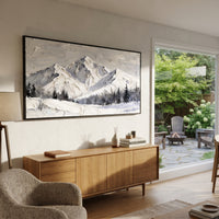 Sunlit White Peak Meadow is written from the actual artwork image, focusing on sunlit white peak meadow with black pines and a bright central summit. The visible composition is specific rather than generic: a bright central summit, black pines, open white meadow, and subtle warm daylight. The wide horizontal layout controls how the eye travels through the scene, with the mountain mass, valley floor, tree line, water edge, or small figure details arranged to create depth across the canvas. Its