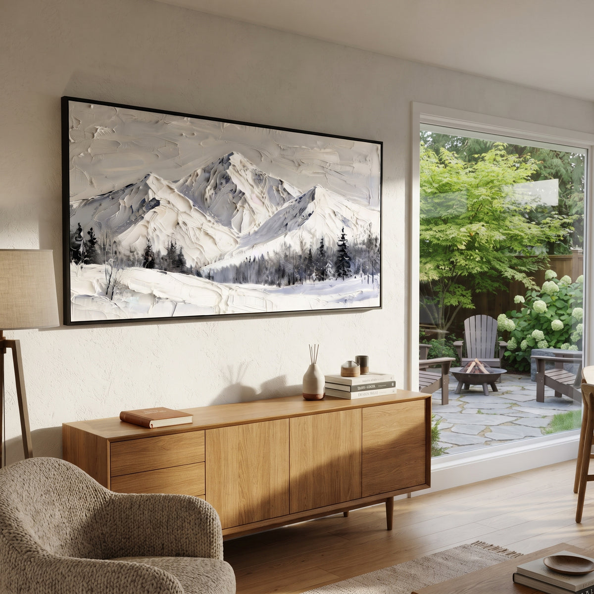 Sunlit White Peak Meadow is written from the actual artwork image, focusing on sunlit white peak meadow with black pines and a bright central summit. The visible composition is specific rather than generic: a bright central summit, black pines, open white meadow, and subtle warm daylight. The wide horizontal layout controls how the eye travels through the scene, with the mountain mass, valley floor, tree line, water edge, or small figure details arranged to create depth across the canvas. Its
