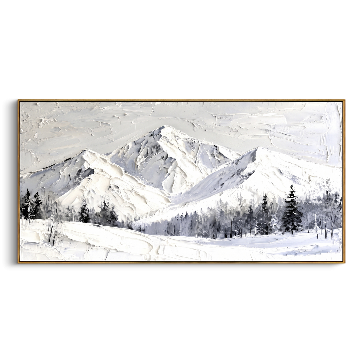"Sunlit White Peak Meadow" - Modern Heavy Impasto Landscape Artwork | White & Gray Palette Knife Painting | Luxury Horizontal Wall Art #PT 2320