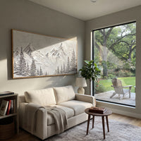 Silver Fir Mountain Curtain is written from the actual artwork image, focusing on silver fir mountain curtain with dense tree silhouettes under pale peaks. The visible composition is specific rather than generic: dense fir silhouettes, pale peak curtain, and grey winter texture. The wide horizontal layout controls how the eye travels through the scene, with the mountain mass, valley floor, tree line, water edge, or small figure details arranged to create depth across the canvas. Its white, gray