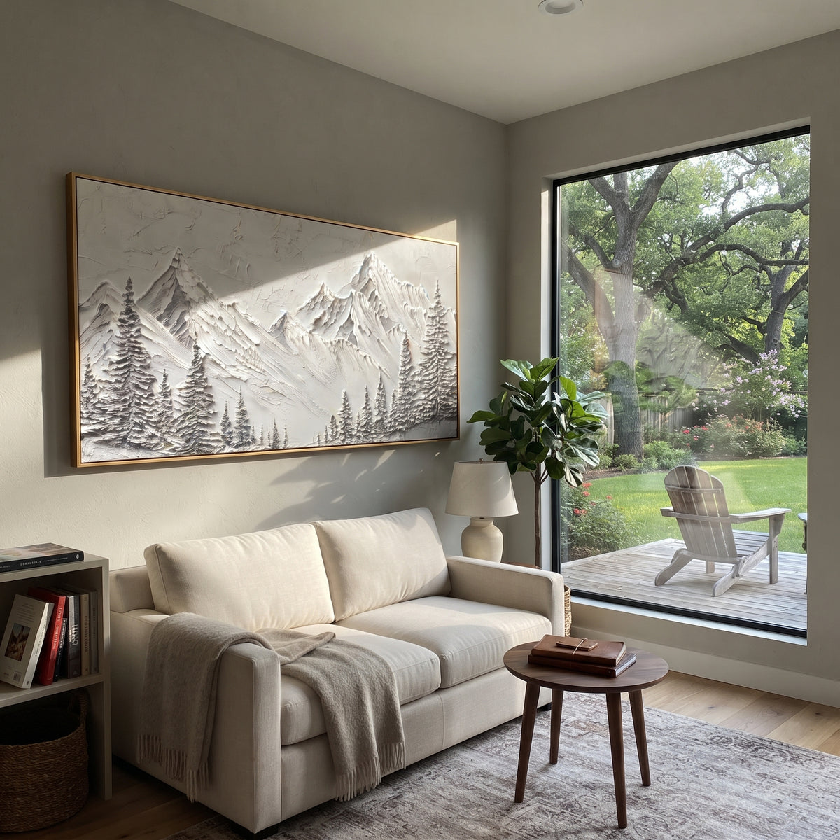 Silver Fir Mountain Curtain is written from the actual artwork image, focusing on silver fir mountain curtain with dense tree silhouettes under pale peaks. The visible composition is specific rather than generic: dense fir silhouettes, pale peak curtain, and grey winter texture. The wide horizontal layout controls how the eye travels through the scene, with the mountain mass, valley floor, tree line, water edge, or small figure details arranged to create depth across the canvas. Its white, gray