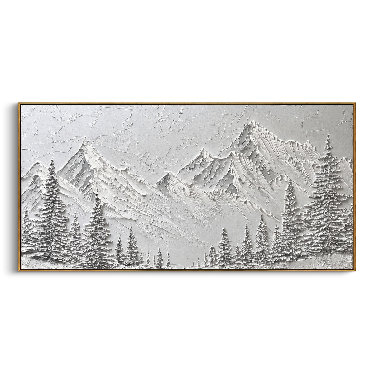 "Silver Fir Mountain Curtain" - Modern Heavy Impasto Botanical Tree Artwork | White & Gray Palette Knife Painting | Luxury Horizontal Wall Art #PT 2321