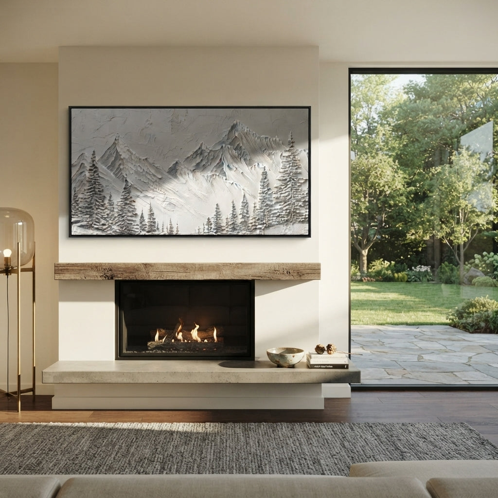 Silver Fir Mountain Curtain is written from the actual artwork image, focusing on silver fir mountain curtain with dense tree silhouettes under pale peaks. The visible composition is specific rather than generic: dense fir silhouettes, pale peak curtain, and grey winter texture. The wide horizontal layout controls how the eye travels through the scene, with the mountain mass, valley floor, tree line, water edge, or small figure details arranged to create depth across the canvas. Its white, gray