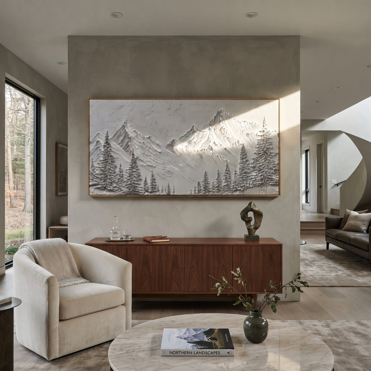 Silver Fir Mountain Curtain is written from the actual artwork image, focusing on silver fir mountain curtain with dense tree silhouettes under pale peaks. The visible composition is specific rather than generic: dense fir silhouettes, pale peak curtain, and grey winter texture. The wide horizontal layout controls how the eye travels through the scene, with the mountain mass, valley floor, tree line, water edge, or small figure details arranged to create depth across the canvas. Its white, gray