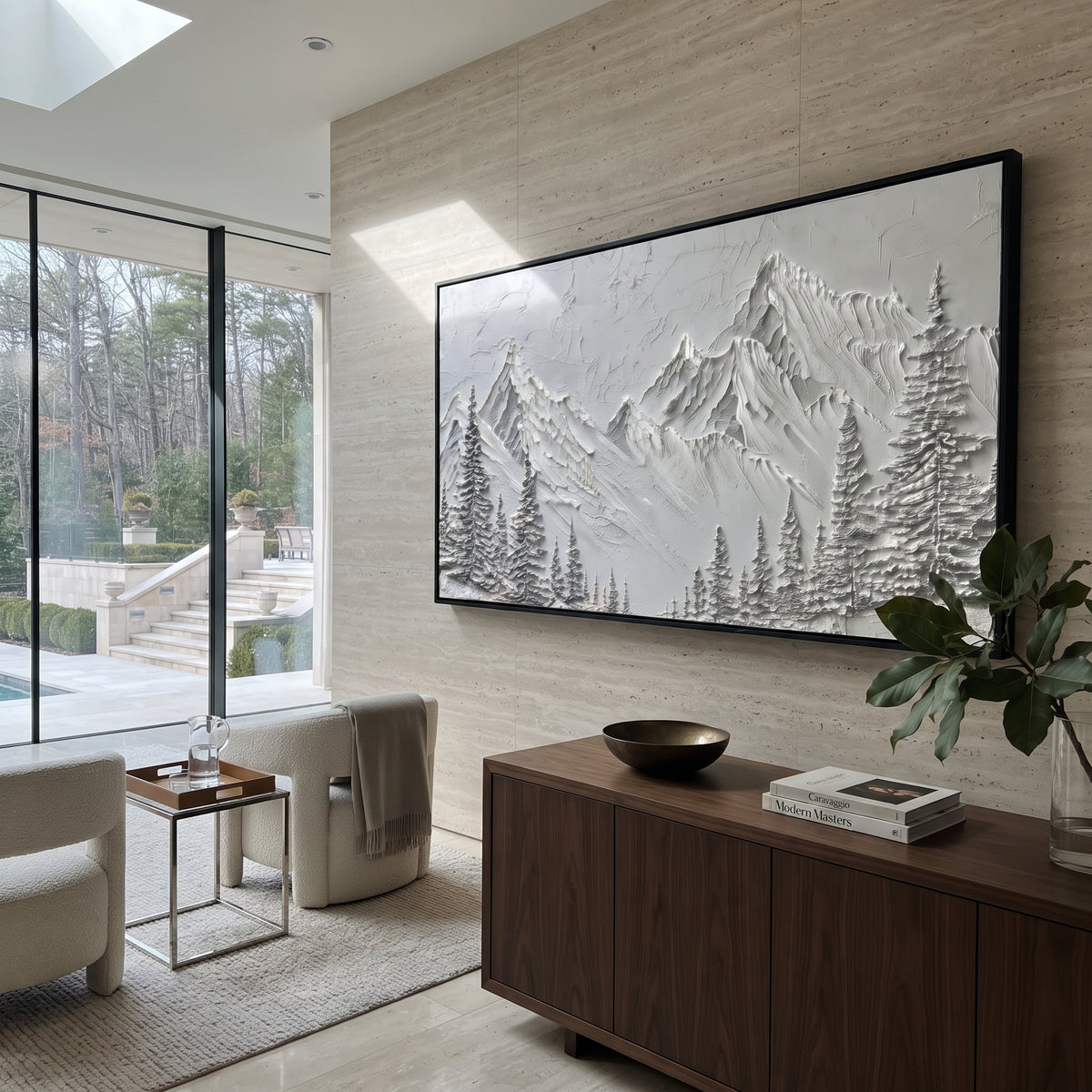 Silver Fir Mountain Curtain is written from the actual artwork image, focusing on silver fir mountain curtain with dense tree silhouettes under pale peaks. The visible composition is specific rather than generic: dense fir silhouettes, pale peak curtain, and grey winter texture. The wide horizontal layout controls how the eye travels through the scene, with the mountain mass, valley floor, tree line, water edge, or small figure details arranged to create depth across the canvas. Its white, gray