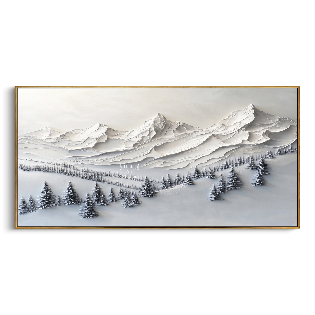 Snow Meadow Pine Range is written from the actual artwork image, focusing on snow meadow pine range with scattered dark trees below a sweeping mountain line. The visible composition is specific rather than generic: scattered dark pines across a snow meadow, a sweeping mountain line, and cool grey light. The wide horizontal layout controls how the eye travels through the scene, with the mountain mass, valley floor, tree line, water edge, or small figure details arranged to create depth across the