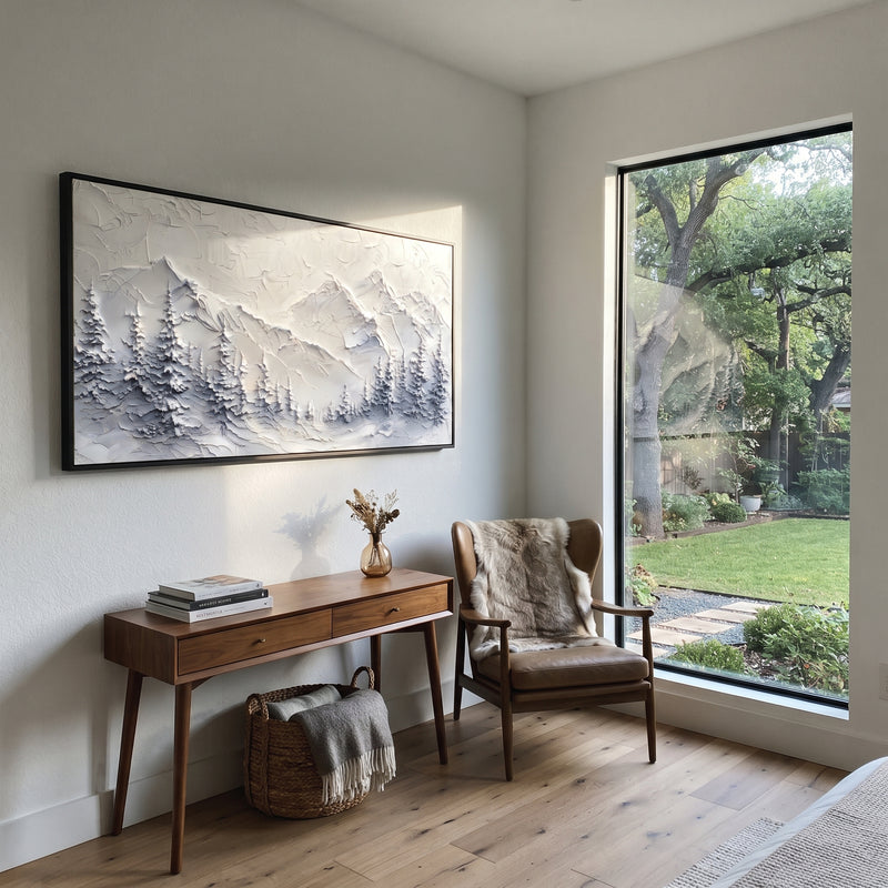 "Misty Blue Forest Peaks" - Modern Heavy Impasto Botanical Tree Artwork | White & Blue Palette Knife Painting | Luxury Horizontal Wall Art #PT 2323