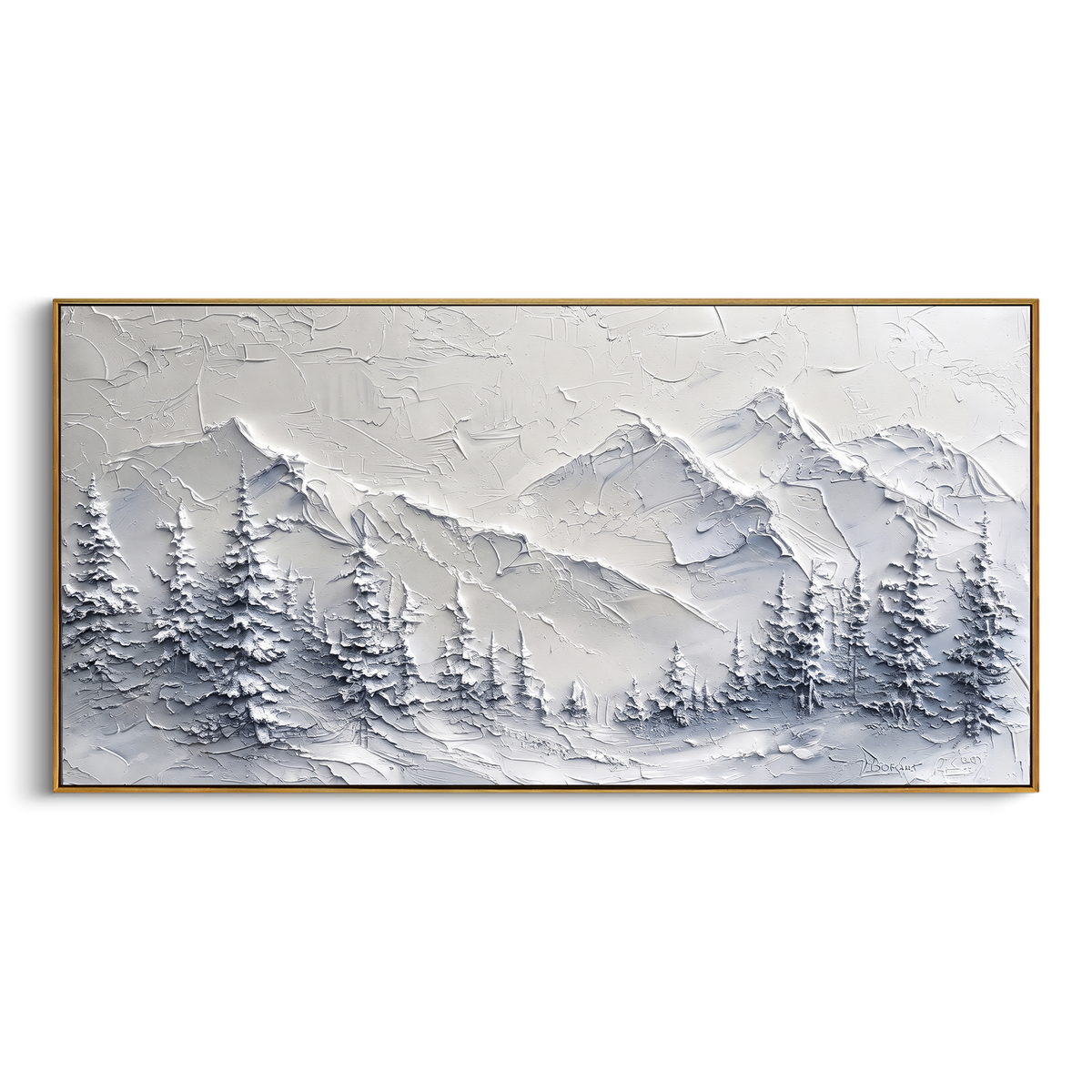 Misty Blue Forest Peaks is written from the actual artwork image, focusing on misty blue forest peaks with layered pines and soft distant snowy ridges. The visible composition is specific rather than generic: layered blue pines, distant snowy ridges, and misty winter air. The wide horizontal layout controls how the eye travels through the scene, with the mountain mass, valley floor, tree line, water edge, or small figure details arranged to create depth across the canvas. Its white, blue, gray