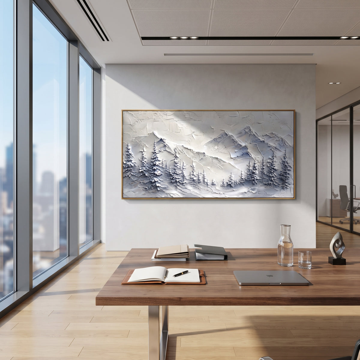 Misty Blue Forest Peaks is written from the actual artwork image, focusing on misty blue forest peaks with layered pines and soft distant snowy ridges. The visible composition is specific rather than generic: layered blue pines, distant snowy ridges, and misty winter air. The wide horizontal layout controls how the eye travels through the scene, with the mountain mass, valley floor, tree line, water edge, or small figure details arranged to create depth across the canvas. Its white, blue, gray