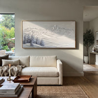 Curved Snowfield Mountain is written from the actual artwork image, focusing on curved snowfield mountain with long smooth ridges and sparse pine accents. The visible composition is specific rather than generic: long smooth snowfield curves, sparse pine accents, and a quiet off-white mountain horizon. The wide horizontal layout controls how the eye travels through the scene, with the mountain mass, valley floor, tree line, water edge, or small figure details arranged to create depth across the