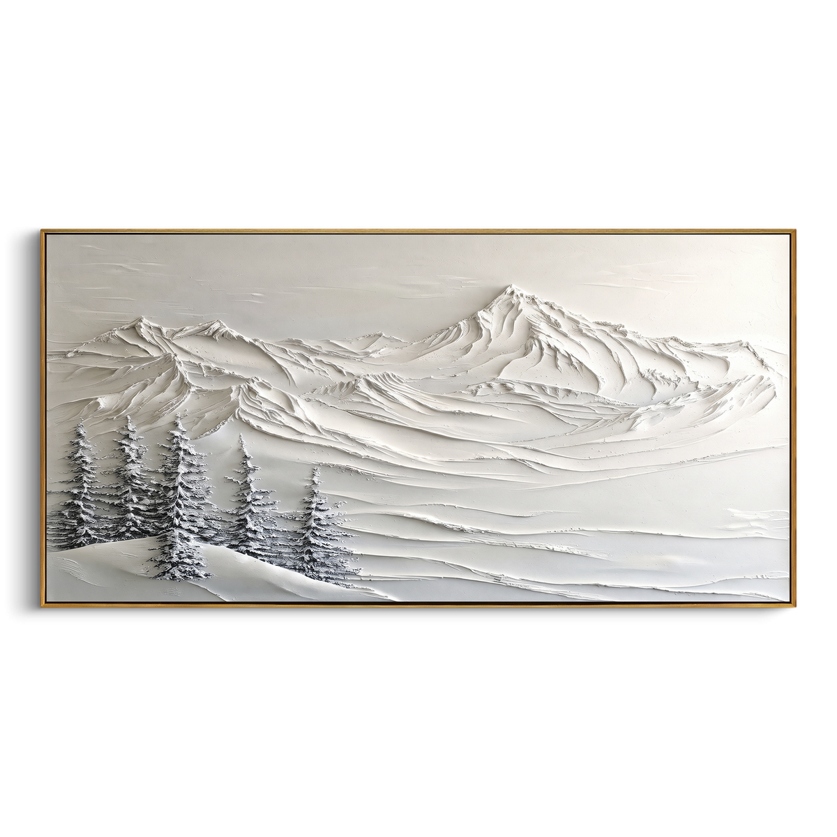 Curved Snowfield Mountain is written from the actual artwork image, focusing on curved snowfield mountain with long smooth ridges and sparse pine accents. The visible composition is specific rather than generic: long smooth snowfield curves, sparse pine accents, and a quiet off-white mountain horizon. The wide horizontal layout controls how the eye travels through the scene, with the mountain mass, valley floor, tree line, water edge, or small figure details arranged to create depth across the