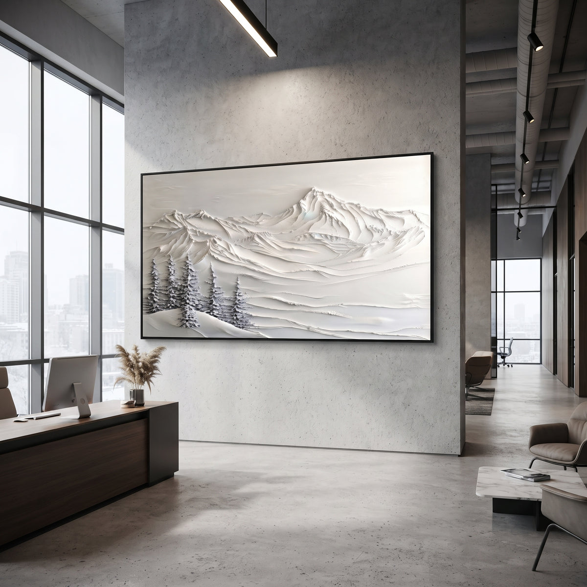 Curved Snowfield Mountain is written from the actual artwork image, focusing on curved snowfield mountain with long smooth ridges and sparse pine accents. The visible composition is specific rather than generic: long smooth snowfield curves, sparse pine accents, and a quiet off-white mountain horizon. The wide horizontal layout controls how the eye travels through the scene, with the mountain mass, valley floor, tree line, water edge, or small figure details arranged to create depth across the