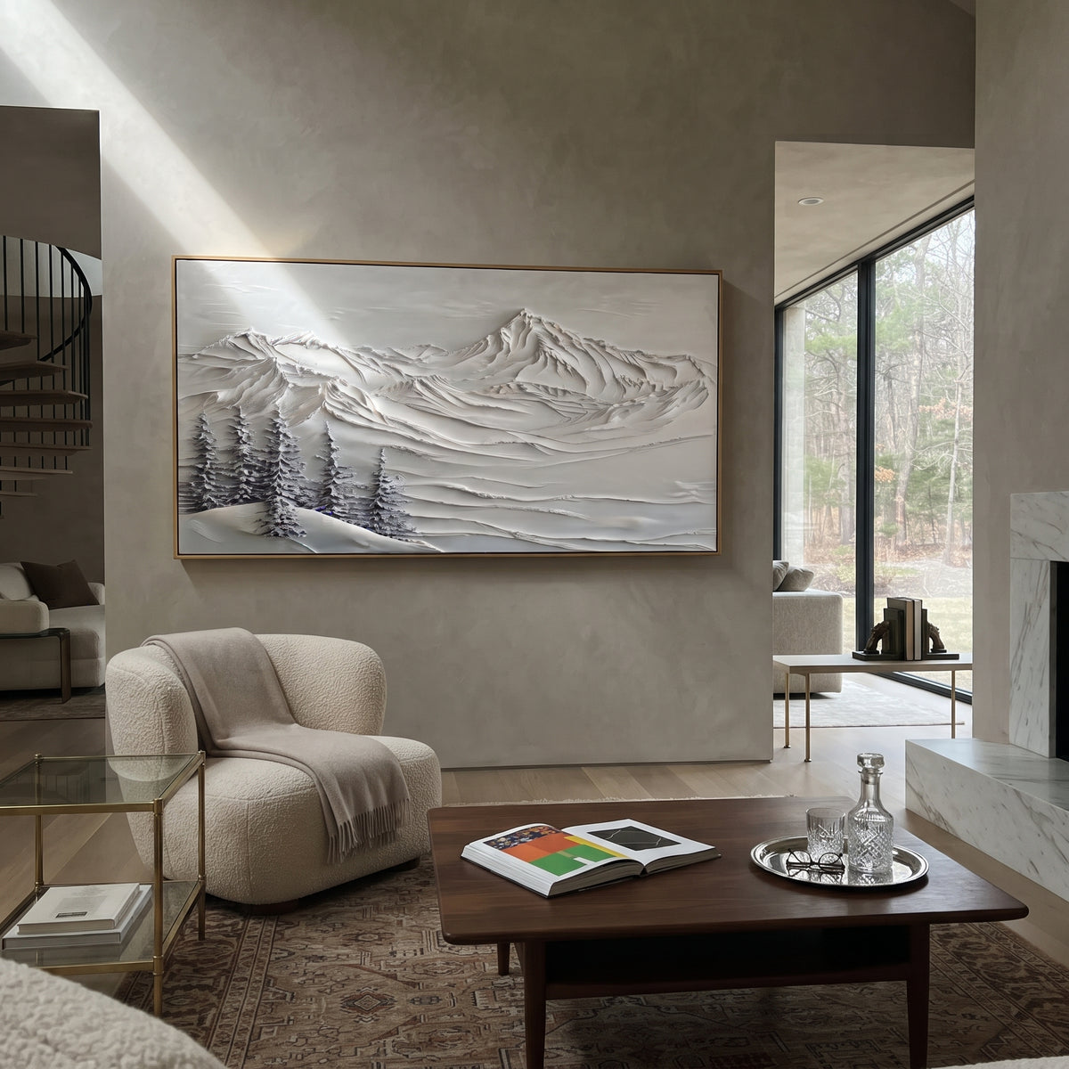 Curved Snowfield Mountain is written from the actual artwork image, focusing on curved snowfield mountain with long smooth ridges and sparse pine accents. The visible composition is specific rather than generic: long smooth snowfield curves, sparse pine accents, and a quiet off-white mountain horizon. The wide horizontal layout controls how the eye travels through the scene, with the mountain mass, valley floor, tree line, water edge, or small figure details arranged to create depth across the