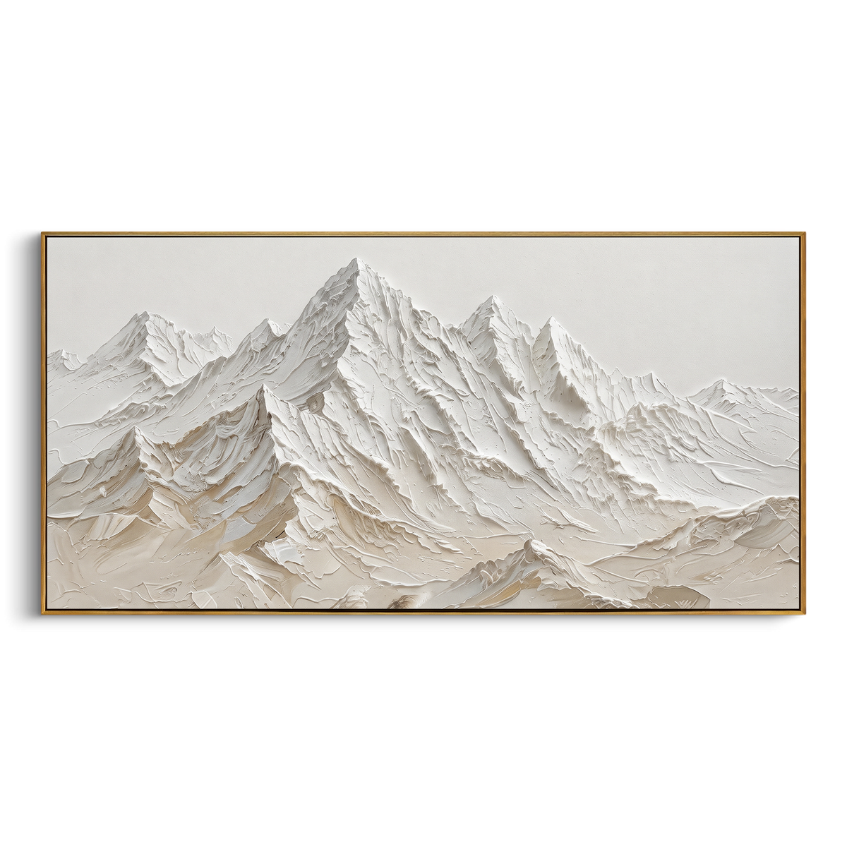 Layered Sand White Peaks is written from the actual artwork image, focusing on layered sand white peaks with beige undertones and finely cut ridge folds. The visible composition is specific rather than generic: beige undertones, finely cut white ridge folds, and a dense stacked mountain face. The wide horizontal layout controls how the eye travels through the scene, with the mountain mass, valley floor, tree line, water edge, or small figure details arranged to create depth across the canvas.