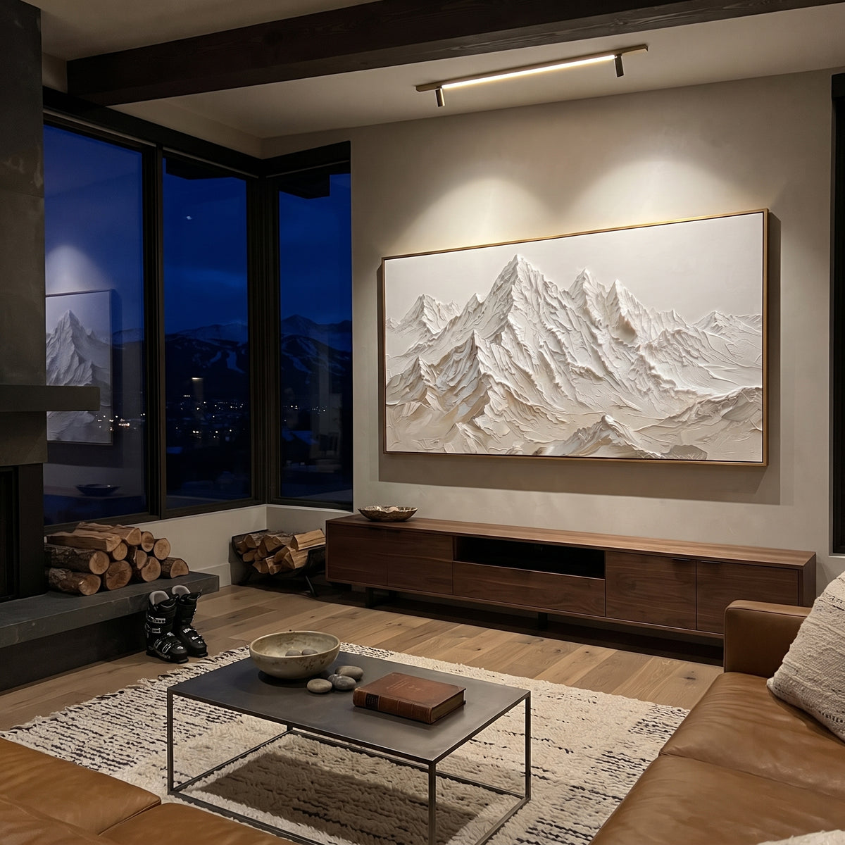 Layered Sand White Peaks is written from the actual artwork image, focusing on layered sand white peaks with beige undertones and finely cut ridge folds. The visible composition is specific rather than generic: beige undertones, finely cut white ridge folds, and a dense stacked mountain face. The wide horizontal layout controls how the eye travels through the scene, with the mountain mass, valley floor, tree line, water edge, or small figure details arranged to create depth across the canvas.