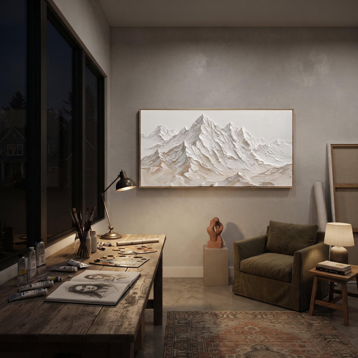 Layered Sand White Peaks is written from the actual artwork image, focusing on layered sand white peaks with beige undertones and finely cut ridge folds. The visible composition is specific rather than generic: beige undertones, finely cut white ridge folds, and a dense stacked mountain face. The wide horizontal layout controls how the eye travels through the scene, with the mountain mass, valley floor, tree line, water edge, or small figure details arranged to create depth across the canvas.