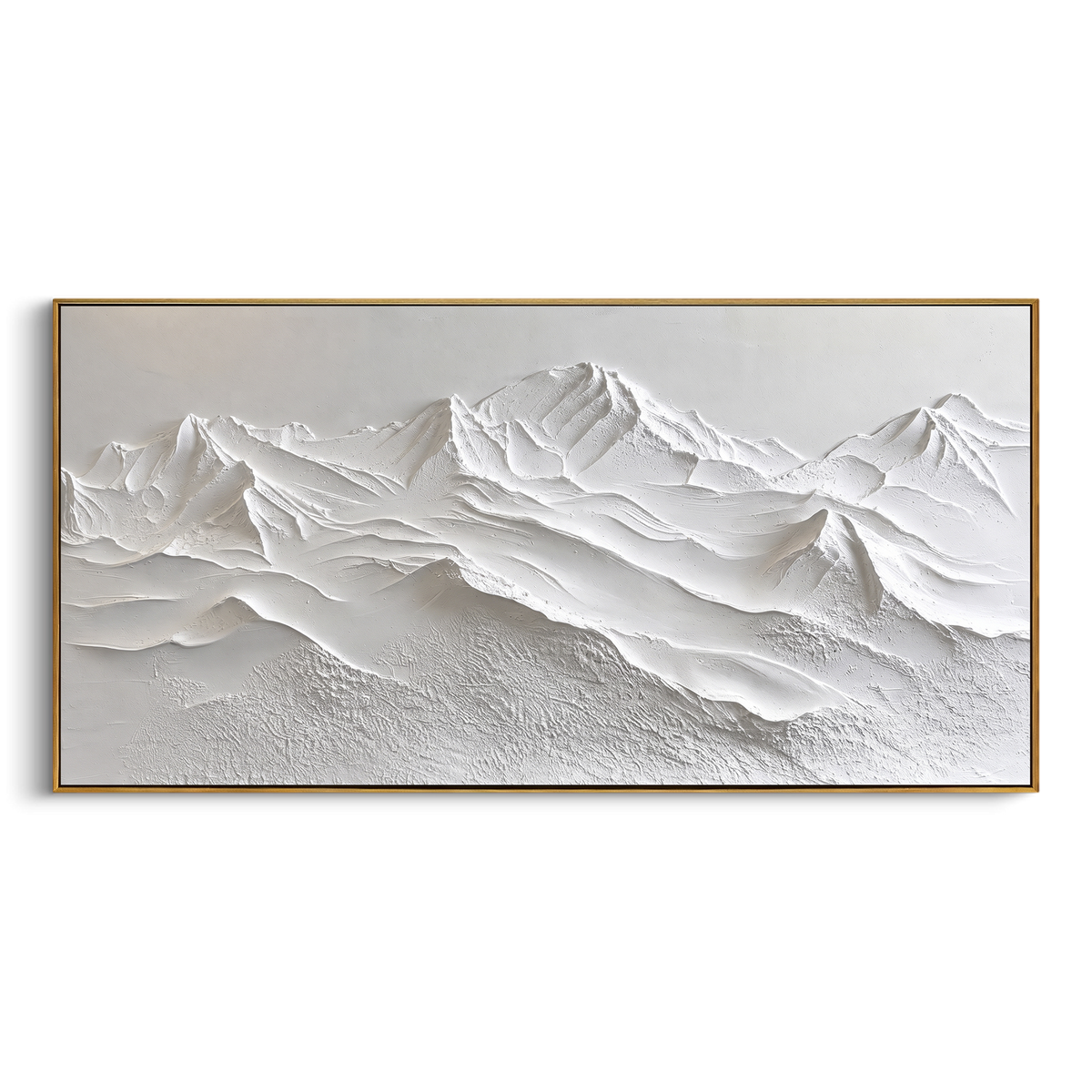 Rolling White Ridge Waves is written from the actual artwork image, focusing on rolling white ridge waves with overlapping snow folds and soft grey valleys. The visible composition is specific rather than generic: overlapping snow folds, wave-like mountain rhythm, and soft grey valley cuts. The wide horizontal layout controls how the eye travels through the scene, with the mountain mass, valley floor, tree line, water edge, or small figure details arranged to create depth across the canvas. Its