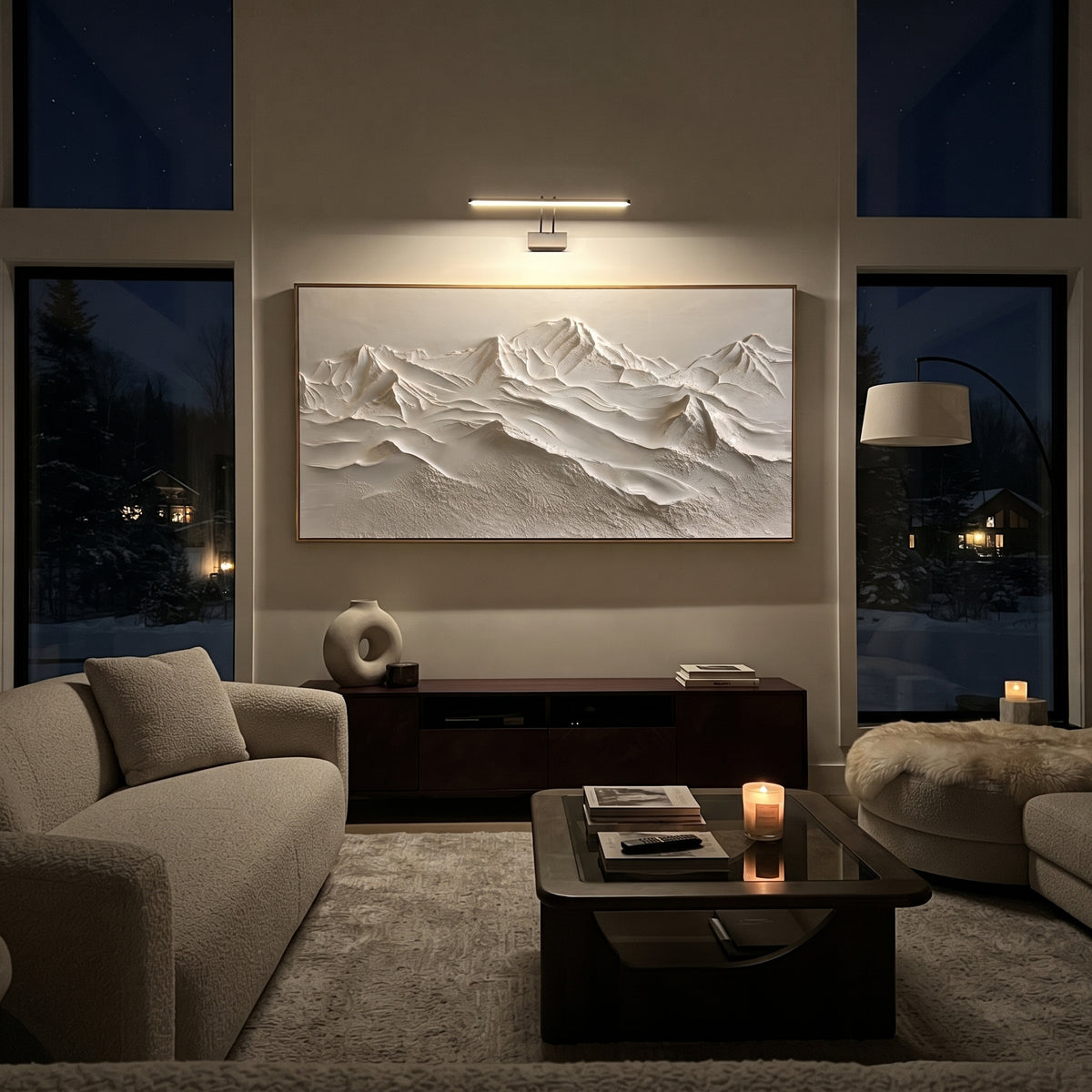 Rolling White Ridge Waves is written from the actual artwork image, focusing on rolling white ridge waves with overlapping snow folds and soft grey valleys. The visible composition is specific rather than generic: overlapping snow folds, wave-like mountain rhythm, and soft grey valley cuts. The wide horizontal layout controls how the eye travels through the scene, with the mountain mass, valley floor, tree line, water edge, or small figure details arranged to create depth across the canvas. Its
