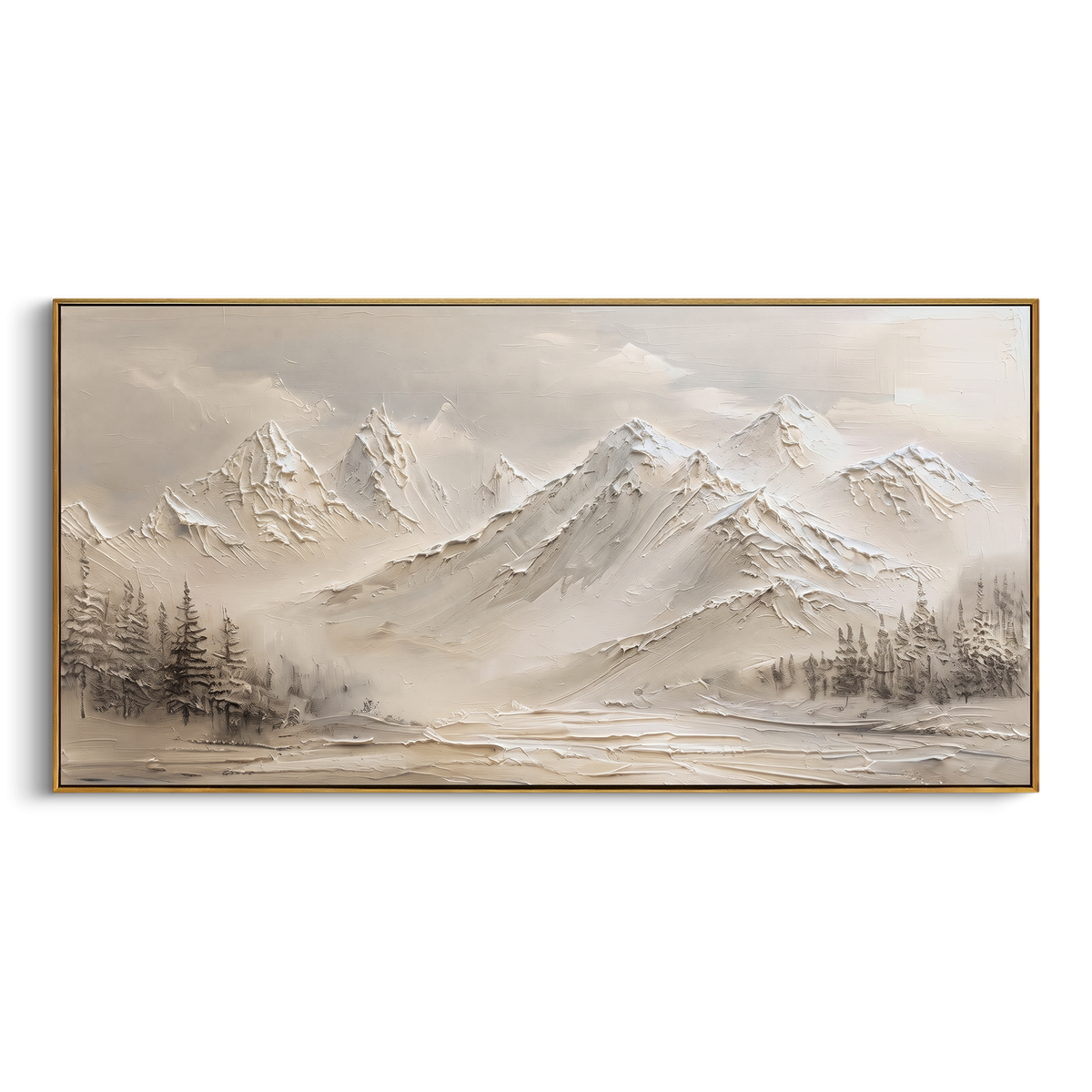 Sepia Mist Mountain Forest is written from the actual artwork image, focusing on sepia mist mountain forest with warm haze and tiny tree line accents. The visible composition is specific rather than generic: warm sepia mist, distant mountain chain, and a fine tree line along the lower edge. The wide horizontal layout controls how the eye travels through the scene, with the mountain mass, valley floor, tree line, water edge, or small figure details arranged to create depth across the canvas. Its
