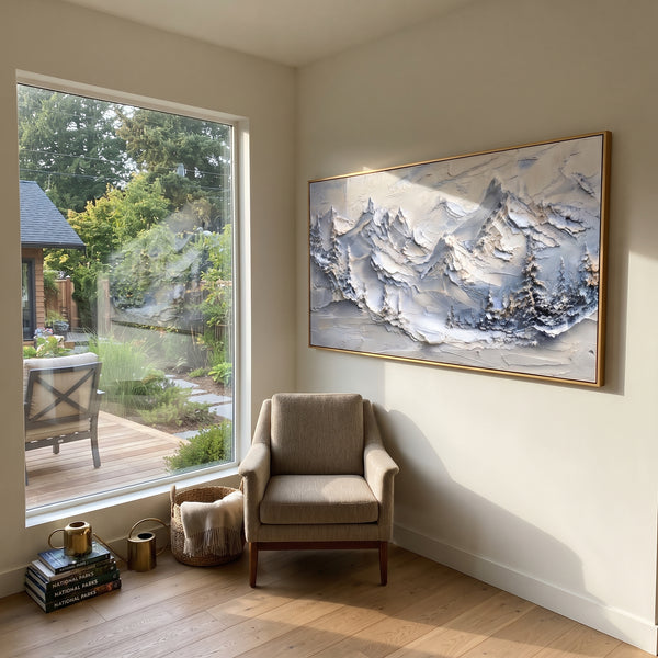 "Blue Grey Pine Summit Band" - Modern Heavy Impasto Botanical Tree Artwork | White & Blue Palette Knife Painting | Luxury Horizontal Wall Art #PT 2329