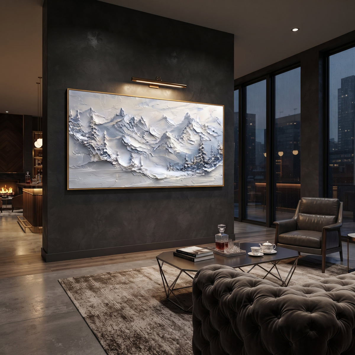 Blue Grey Pine Summit Band is written from the actual artwork image, focusing on blue grey pine summit band with dark fir edges and rugged raised peaks. The visible composition is specific rather than generic: dark fir edges, rugged blue-grey peaks, and thick raised snow texture. The wide horizontal layout controls how the eye travels through the scene, with the mountain mass, valley floor, tree line, water edge, or small figure details arranged to create depth across the canvas. Its white