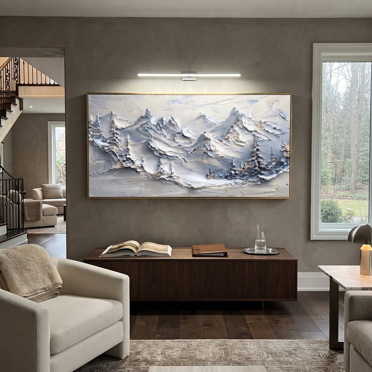 Blue Grey Pine Summit Band is written from the actual artwork image, focusing on blue grey pine summit band with dark fir edges and rugged raised peaks. The visible composition is specific rather than generic: dark fir edges, rugged blue-grey peaks, and thick raised snow texture. The wide horizontal layout controls how the eye travels through the scene, with the mountain mass, valley floor, tree line, water edge, or small figure details arranged to create depth across the canvas. Its white