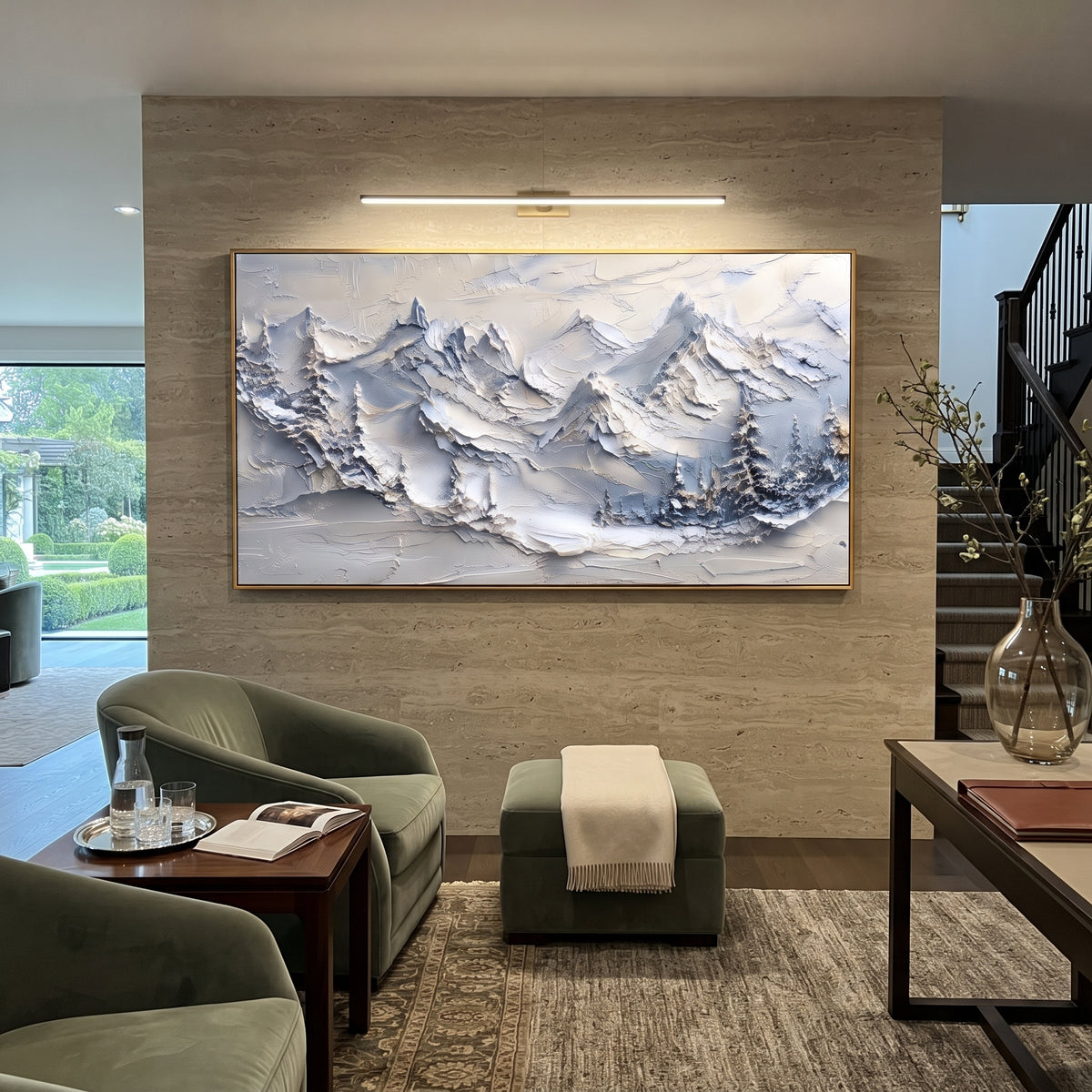 Blue Grey Pine Summit Band is written from the actual artwork image, focusing on blue grey pine summit band with dark fir edges and rugged raised peaks. The visible composition is specific rather than generic: dark fir edges, rugged blue-grey peaks, and thick raised snow texture. The wide horizontal layout controls how the eye travels through the scene, with the mountain mass, valley floor, tree line, water edge, or small figure details arranged to create depth across the canvas. Its white