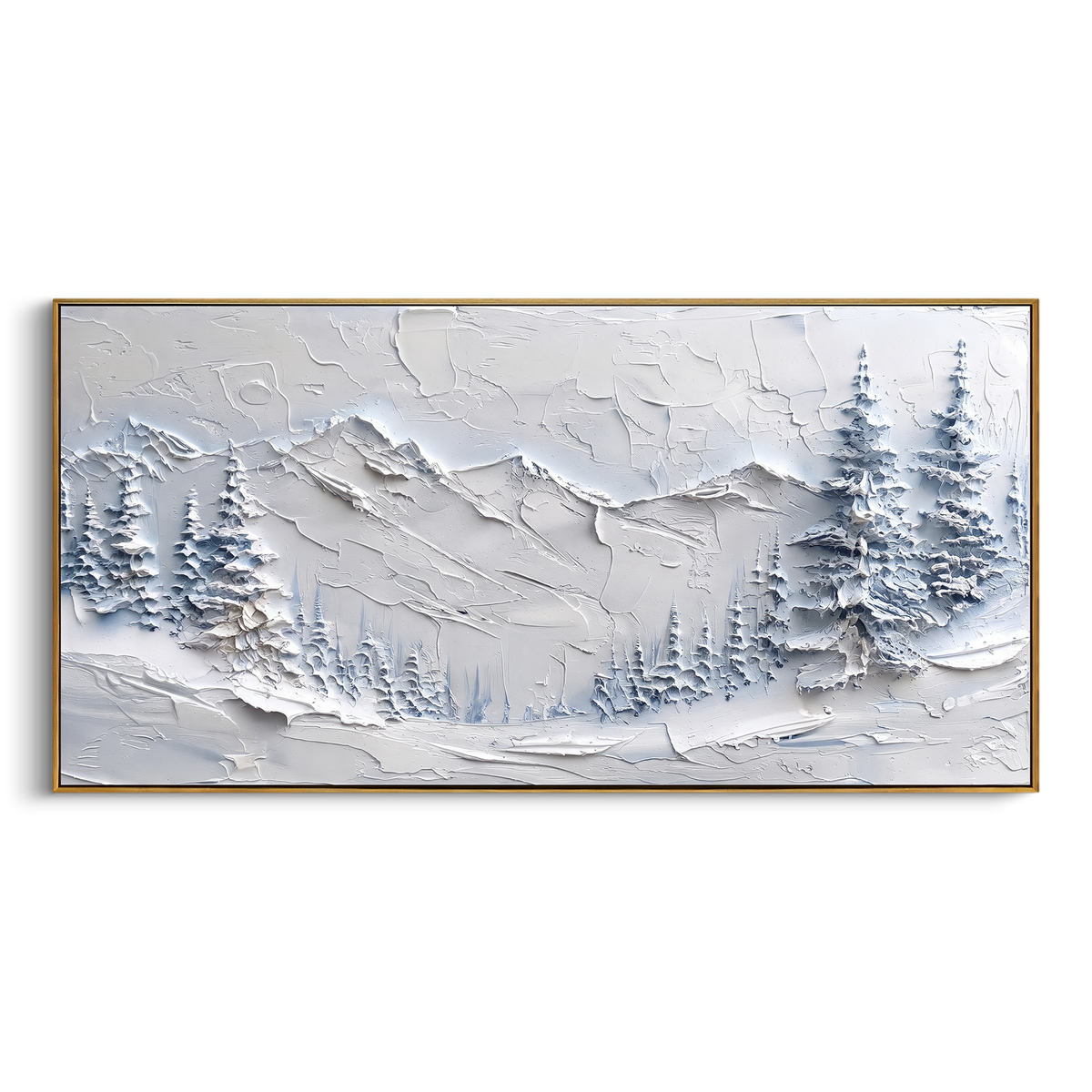 Frosted Fir Snow Basin is written from the actual artwork image, focusing on frosted fir snow basin with blue tree clusters and a low mountain backdrop. The visible composition is specific rather than generic: blue tree clusters, a low snowy basin, and pale mountains set into the background. The wide horizontal layout controls how the eye travels through the scene, with the mountain mass, valley floor, tree line, water edge, or small figure details arranged to create depth across the canvas. Its