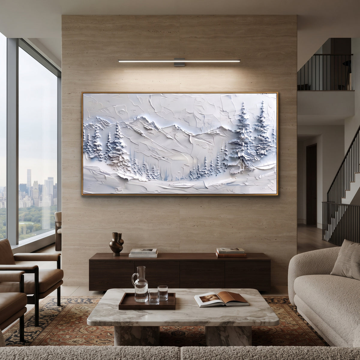 Frosted Fir Snow Basin is written from the actual artwork image, focusing on frosted fir snow basin with blue tree clusters and a low mountain backdrop. The visible composition is specific rather than generic: blue tree clusters, a low snowy basin, and pale mountains set into the background. The wide horizontal layout controls how the eye travels through the scene, with the mountain mass, valley floor, tree line, water edge, or small figure details arranged to create depth across the canvas. Its