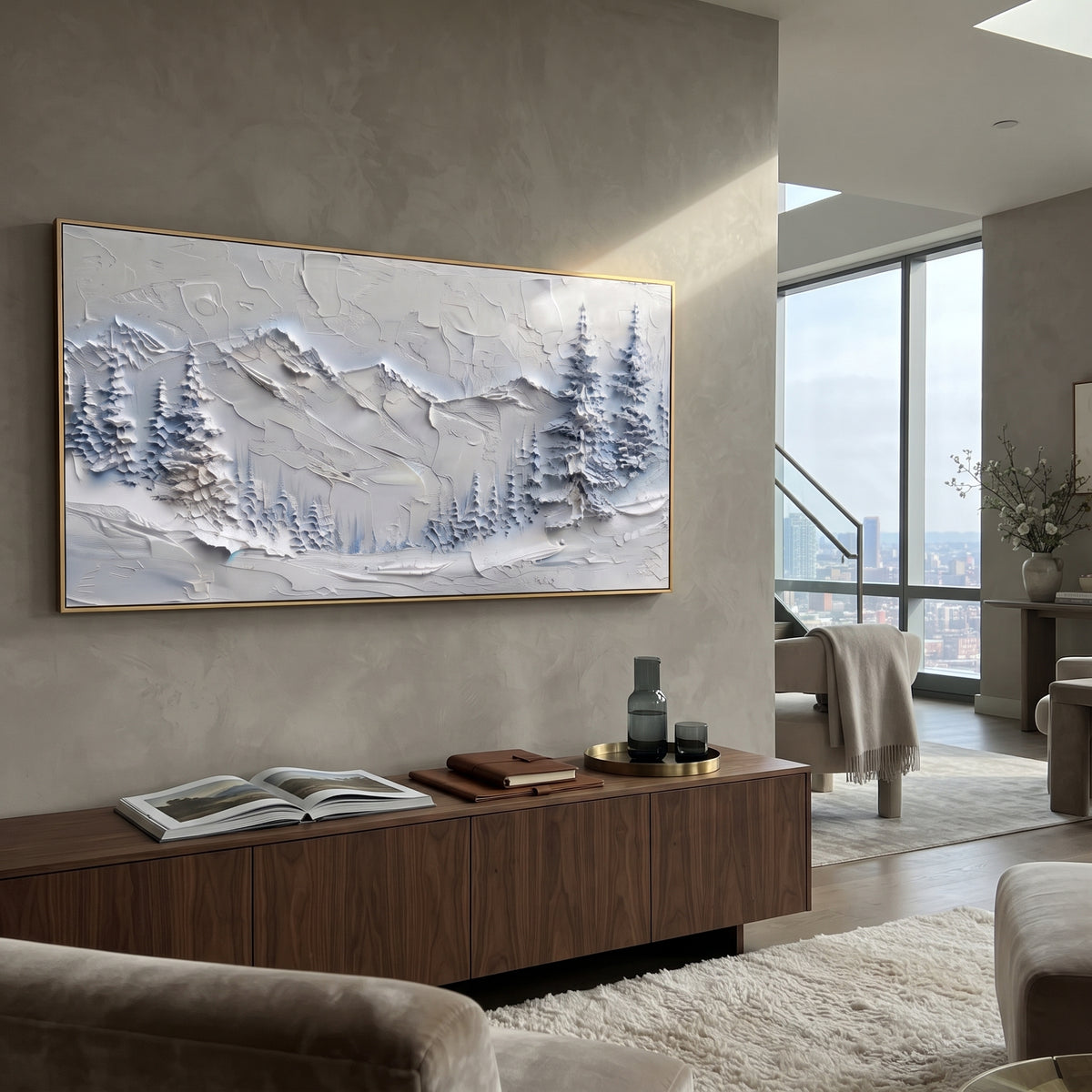 Frosted Fir Snow Basin is written from the actual artwork image, focusing on frosted fir snow basin with blue tree clusters and a low mountain backdrop. The visible composition is specific rather than generic: blue tree clusters, a low snowy basin, and pale mountains set into the background. The wide horizontal layout controls how the eye travels through the scene, with the mountain mass, valley floor, tree line, water edge, or small figure details arranged to create depth across the canvas. Its