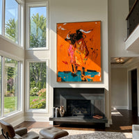 Orange Bull Rider Clash is written from the actual artwork image, focusing on a black bull and rider exploding across an orange ground with turquoise base shadows. The composition is built from specific visible details: charging black bull, horn shapes, rider energy, hot orange field, pink scrape marks, and turquoise lower shadow. The vertical composition keeps attention on charging black bull, horn shapes, rider energy, hot orange field, pink scrape marks, and turquoise lower shadow, using open