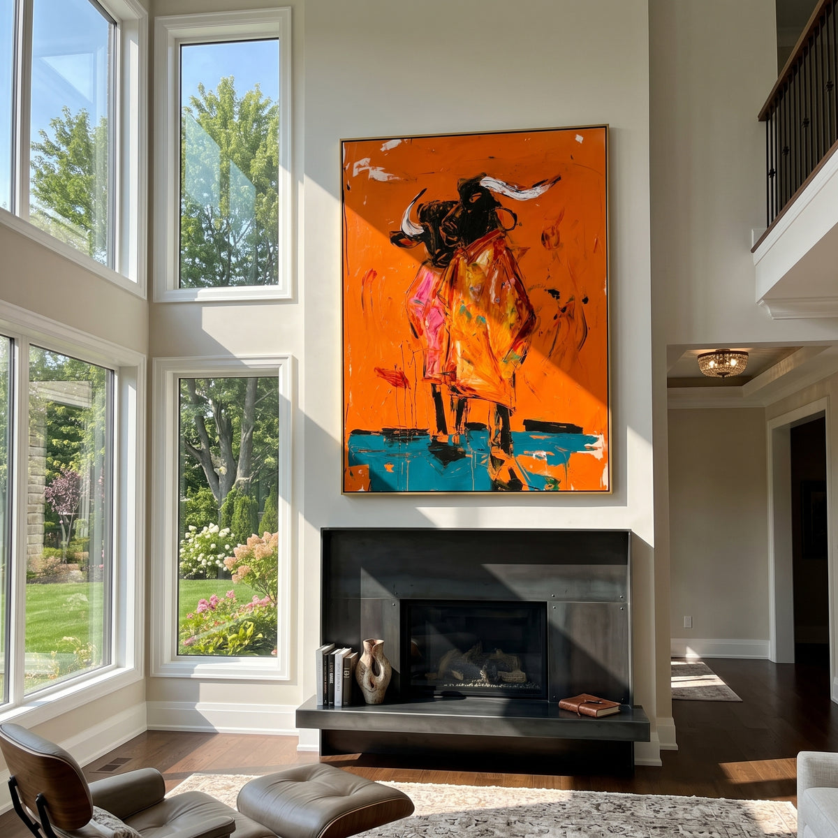 Orange Bull Rider Clash is written from the actual artwork image, focusing on a black bull and rider exploding across an orange ground with turquoise base shadows. The composition is built from specific visible details: charging black bull, horn shapes, rider energy, hot orange field, pink scrape marks, and turquoise lower shadow. The vertical composition keeps attention on charging black bull, horn shapes, rider energy, hot orange field, pink scrape marks, and turquoise lower shadow, using open