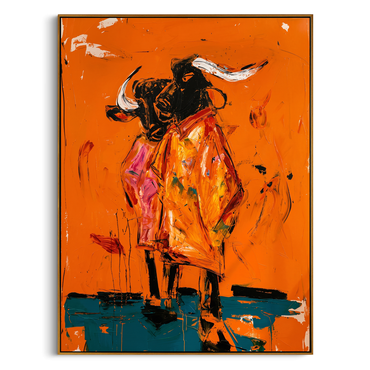 "Orange Bull Rider Clash" - Modern Heavy Impasto Western Animal Artwork | Orange & Black Palette Knife Painting | Luxury Vertical Wall Art #PT 2331